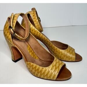 John Fluevog Marvel Yellow Woven Leather Heels with Ankle Strap, Size 8